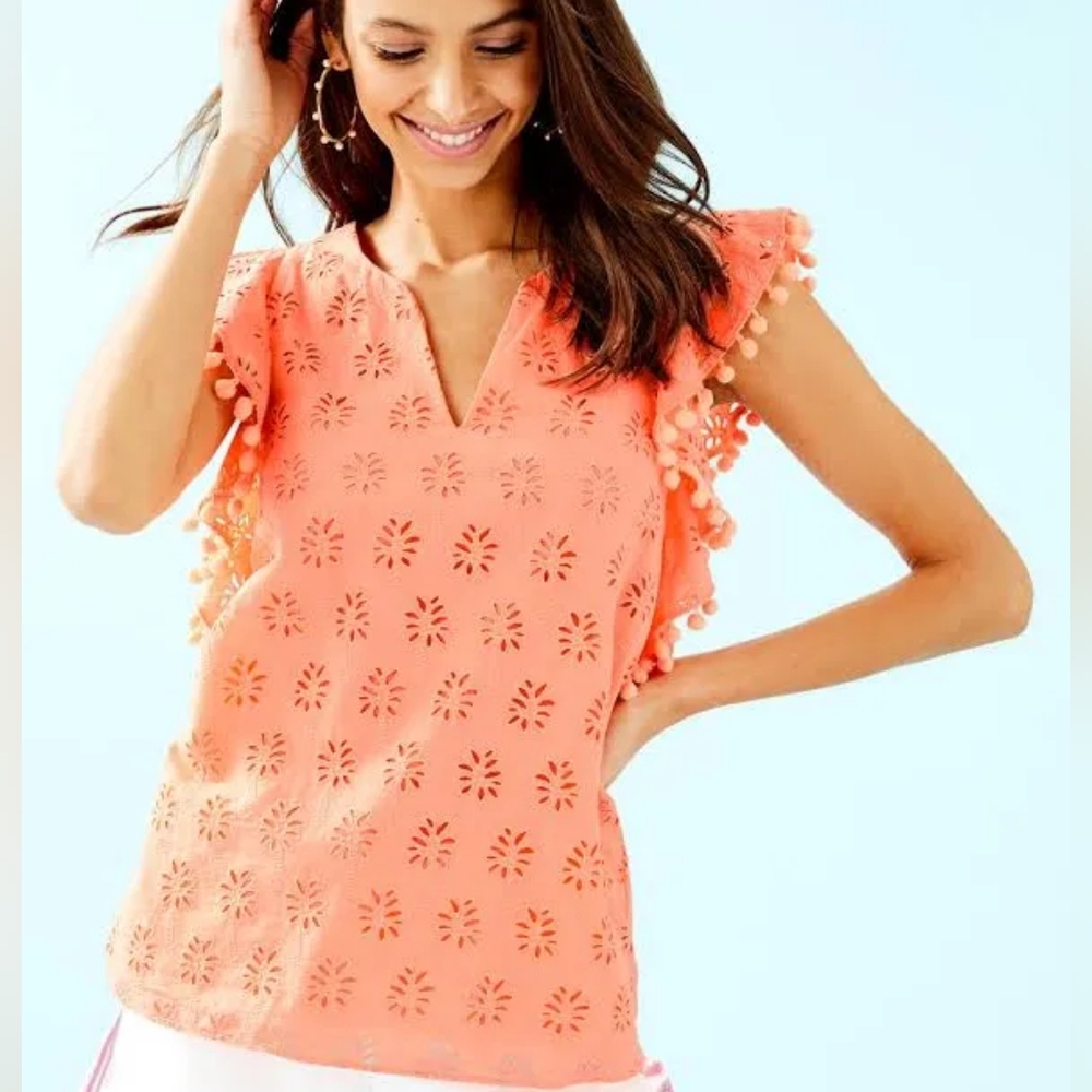 Pom-Pom Sleeve Coral Top